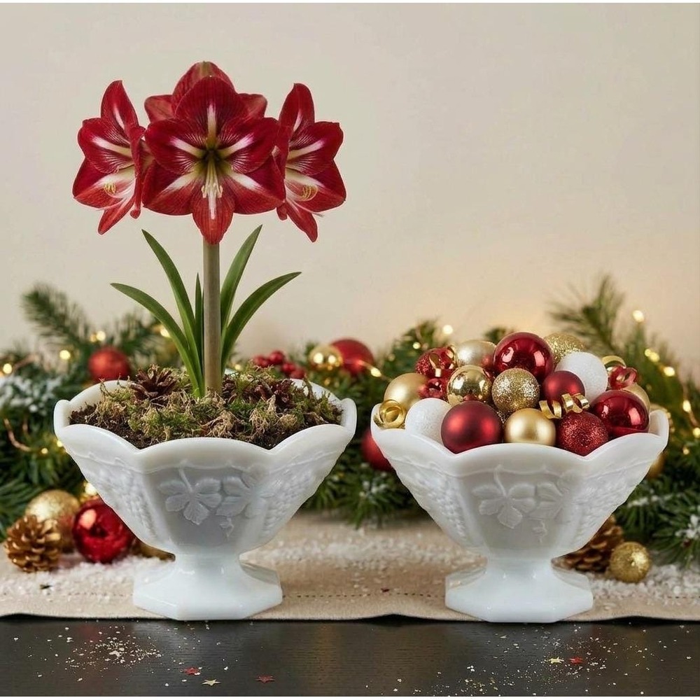 Pair Vtg Anchor Hocking Grape Milk Glass Bowls Christmas Amaryllis Centerpiece